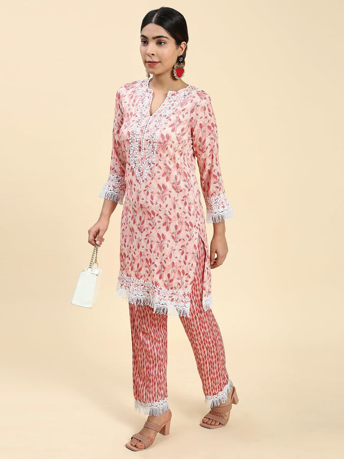 Simran in Samma Chikankari Co-ord set in Cotton for Women- Pink - House Of Kari (Chikankari Clothing)