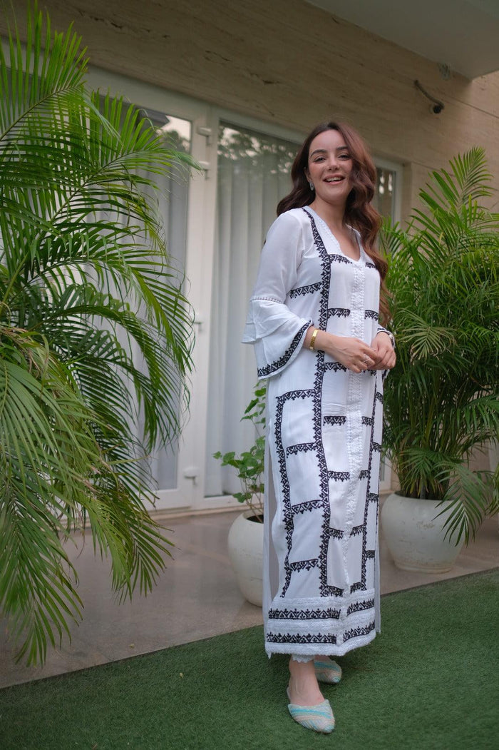 Simran in Samma Chikankari Long Kurta in Rayon Cotton for Women- White With Black - House Of Kari (Chikankari Clothing)