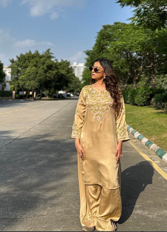 Soumya in Chikankari Kurta Set in Satin Silk with Farsi Pants – Beige