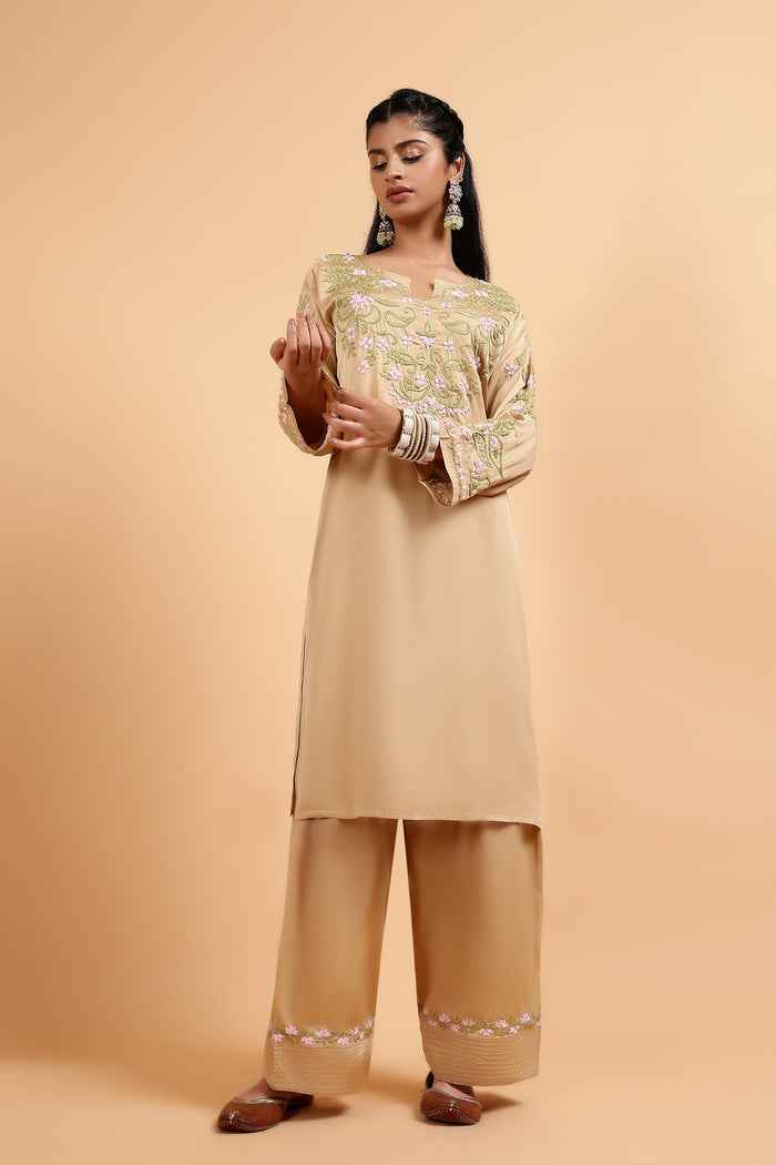 Soumya in Chikankari Kurta Set in Satin Silk with Farsi Pants – Beige