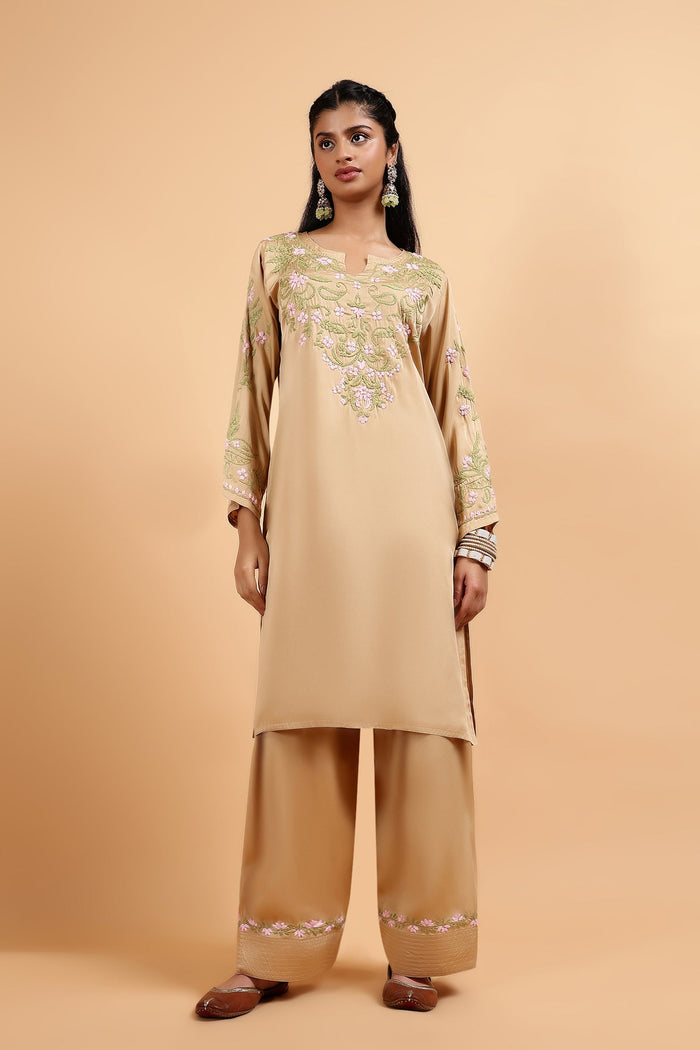 Soumya in Chikankari Kurta Set in Satin Silk with Farsi Pants – Beige