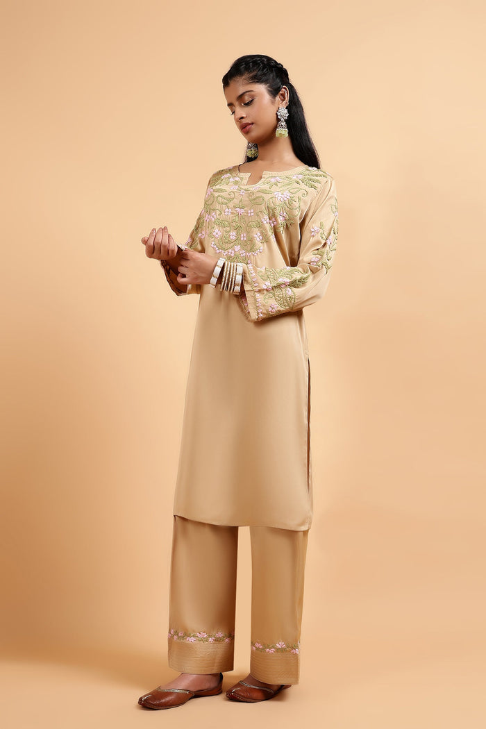 Soumya in Chikankari Kurta Set in Satin Silk with Farsi Pants – Beige