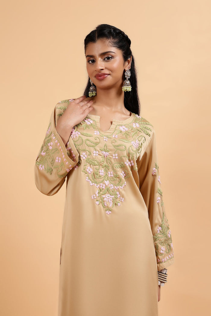 Soumya in Chikankari Kurta Set in Satin Silk with Farsi Pants – Beige