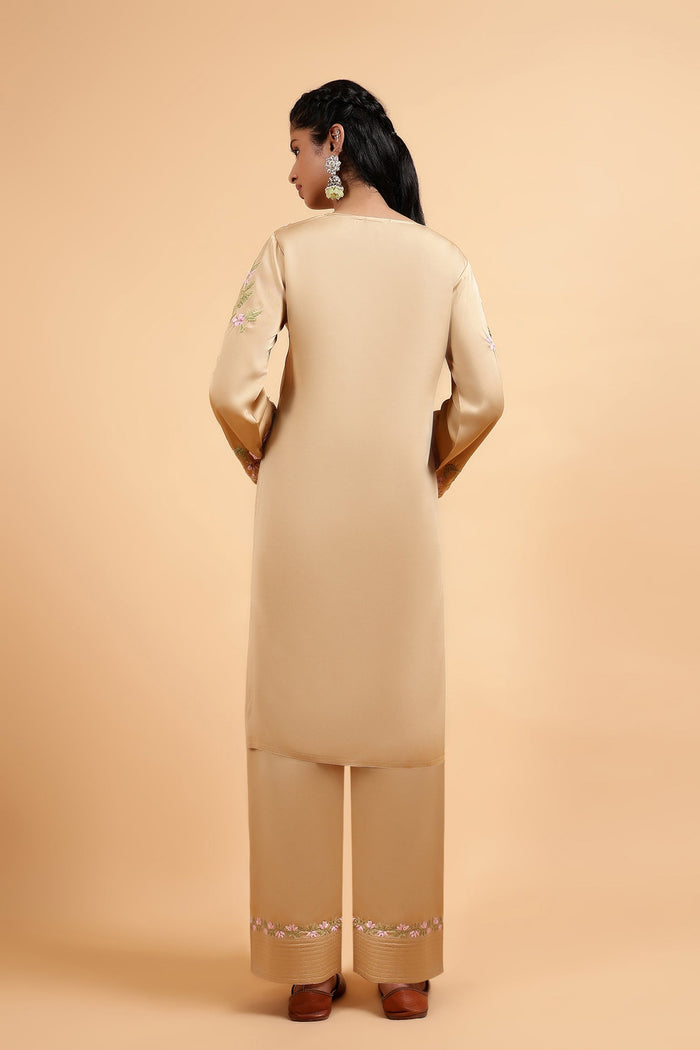 Soumya in Chikankari Kurta Set in Satin Silk with Farsi Pants – Beige