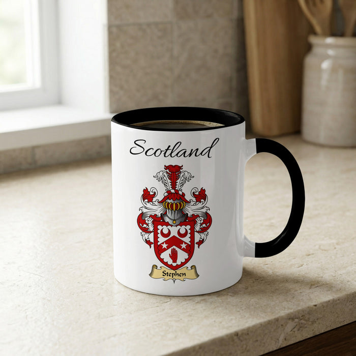 Stephen Scottish family crest accent mug with Scotland lettering and coat of arms artwork
