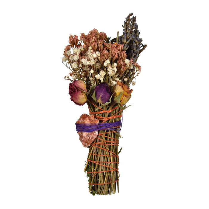Handcrafted Sunstone Smudge Stick with cedar, lavender, dried roses, and a sunstone crystal tied with purple and orange twine