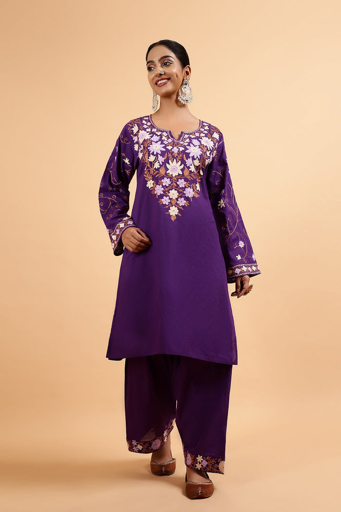 Taniya in Kashmiri Aari Embroidered Kurta Set with Farsi Pants - Purple