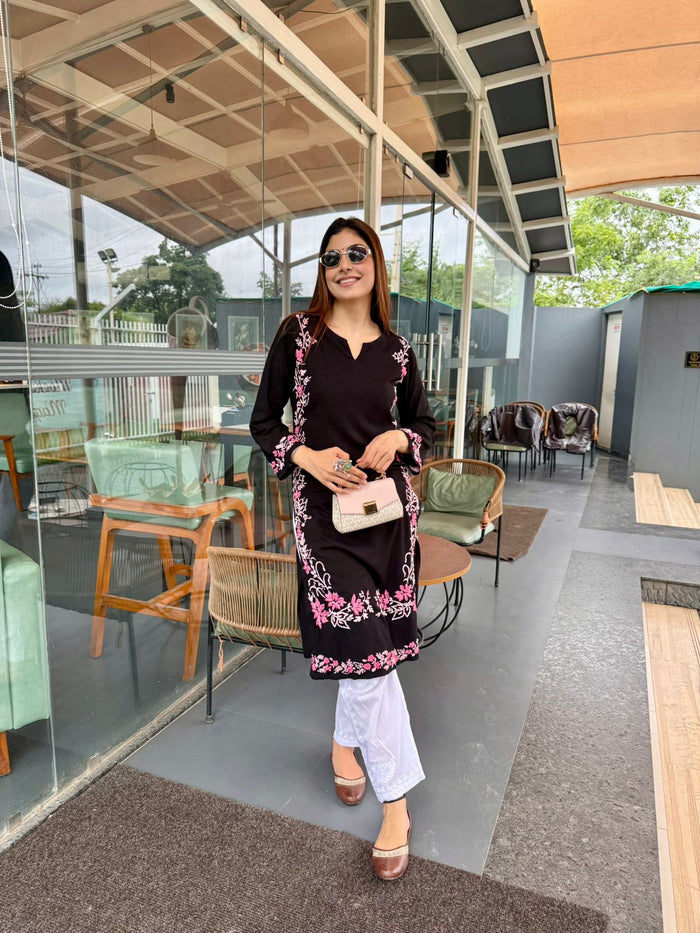 Taniya in Rayon Chikankari Kurta in Black Pink Hand Embroidery