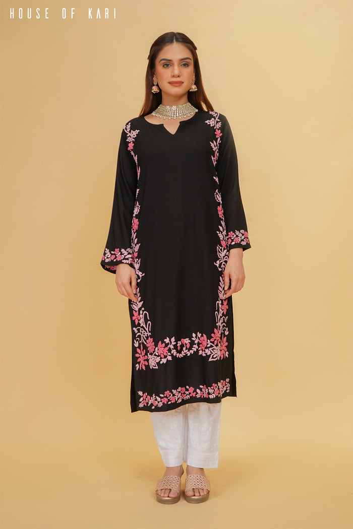 Taniya in Rayon Chikankari Kurta in Black Pink Hand Embroidery