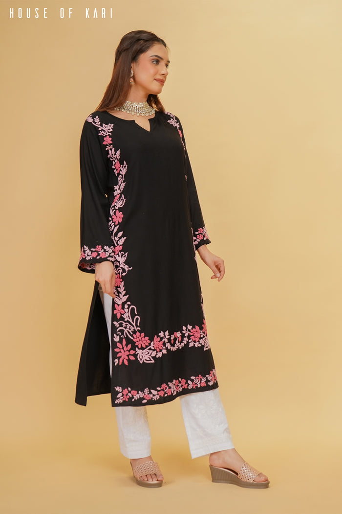 Taniya in Rayon Chikankari Kurta in Black Pink Hand Embroidery