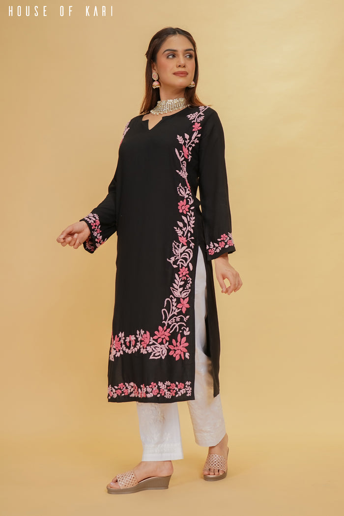 Taniya in Rayon Chikankari Kurta in Black Pink Hand Embroidery