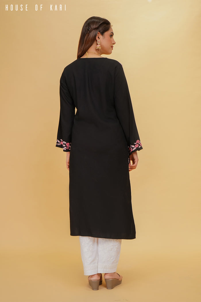 Taniya in Rayon Chikankari Kurta in Black Pink Hand Embroidery