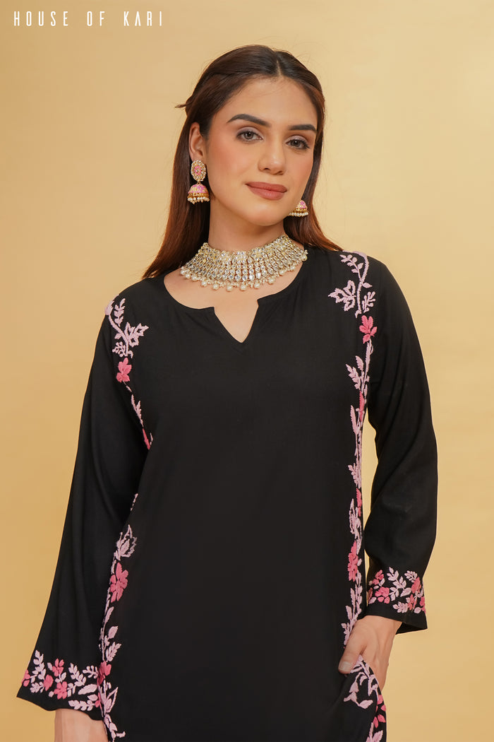 Taniya in Rayon Chikankari Kurta in Black Pink Hand Embroidery