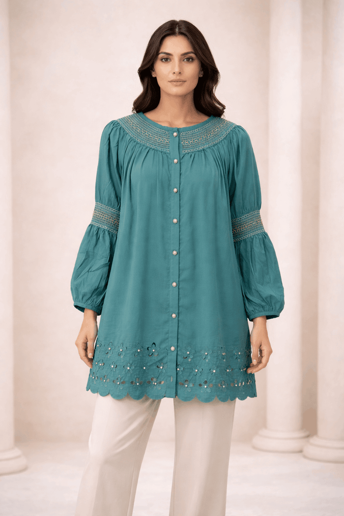 Teal Laser-Cut Embroidered Button-Down Tunic - Nishat Creative Store