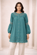 Teal Laser-Cut Embroidered Button-Down Tunic - Nishat Creative Store