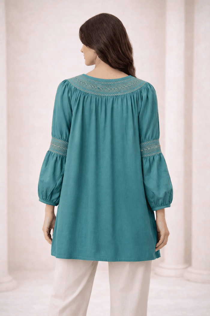 Teal Laser-Cut Embroidered Button-Down Tunic - Nishat Creative Store