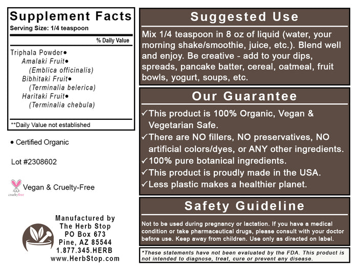 Organic Triphala Powder Label - Back