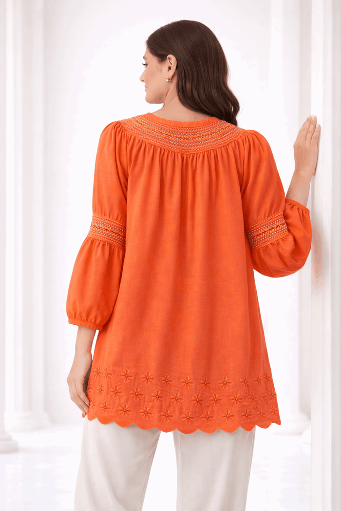 Unique Orange Laser-Cut Embroidered Button-Down Tunic - Nishat Creative Store