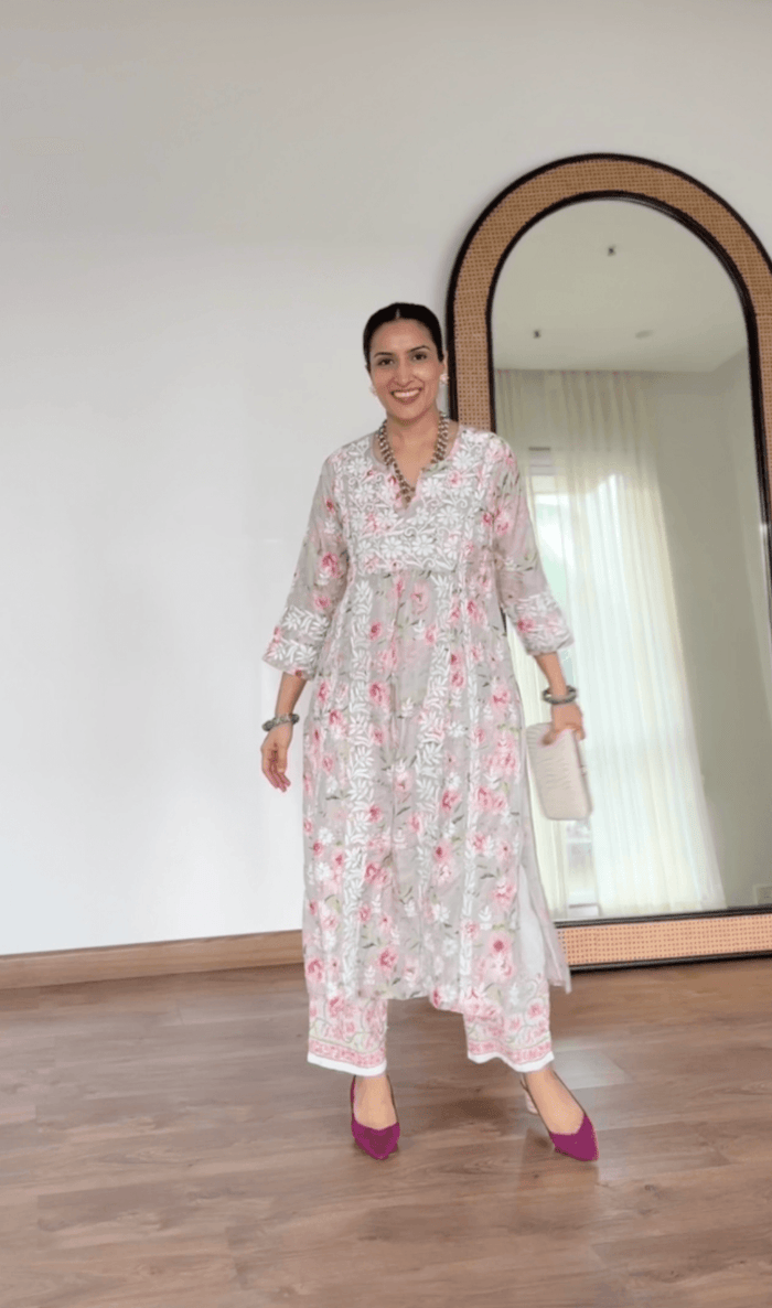 Urmi in Fizaa Chikankari Long Kurta in Muslin Cotton for Women- Grey Print - House Of Kari (Chikankari Clothing)