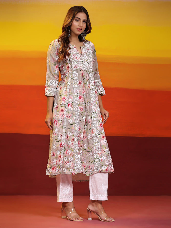 Urmi in Fizaa Chikankari Long Kurta in Muslin Cotton for Women- Grey Print - House Of Kari (Chikankari Clothing)