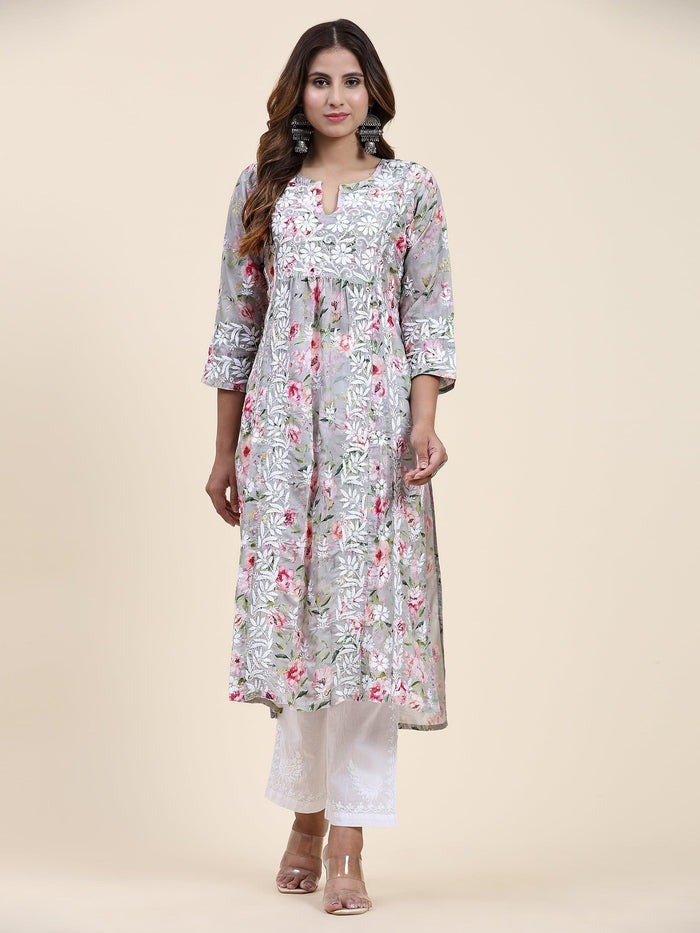 Urmi in Fizaa Chikankari Long Kurta in Muslin Cotton for Women- Grey Print - House Of Kari (Chikankari Clothing)