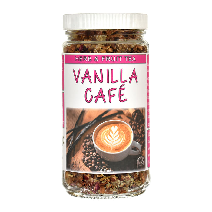 A jar of Vanilla Café Herb & Fruit Tea on a plain white background. The clear glass jar shows the dried tea blend inside, topped with a white lid and featuring a white label with pink text and an illustration of a vanilla latte.
