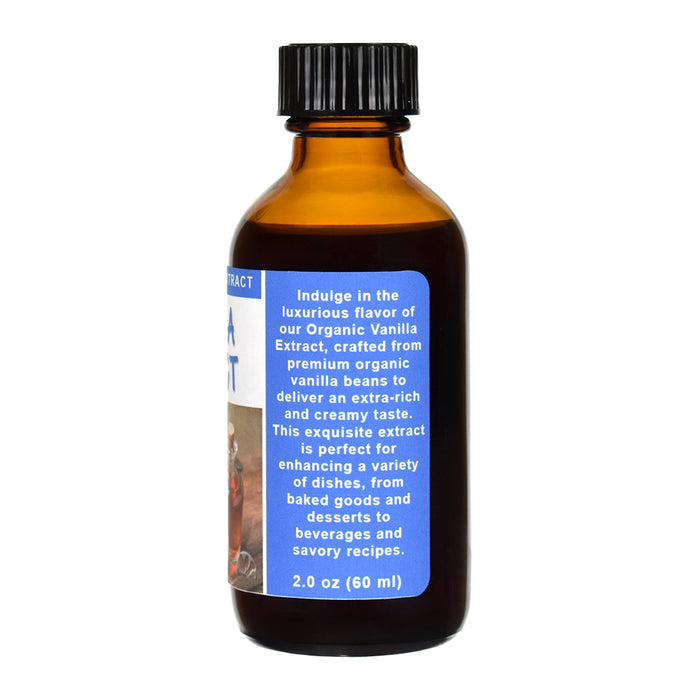 Organic Vanilla Extract in a glass bottle with a black cap and blue label on a white background