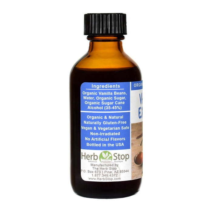 Herb Stop vanilla extract bottle with label on a white background