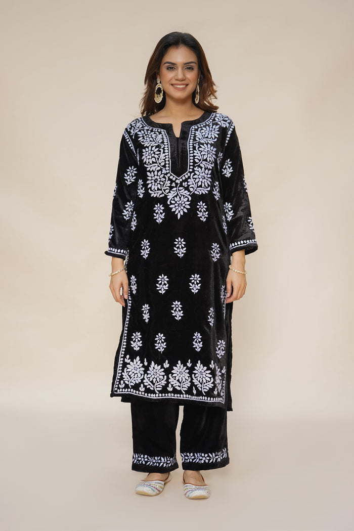 Velvet Chikankari Kurta Set in Black