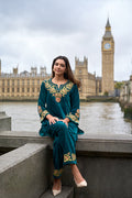 Velvet Chikankari Kurta Set – Tourquise Blue