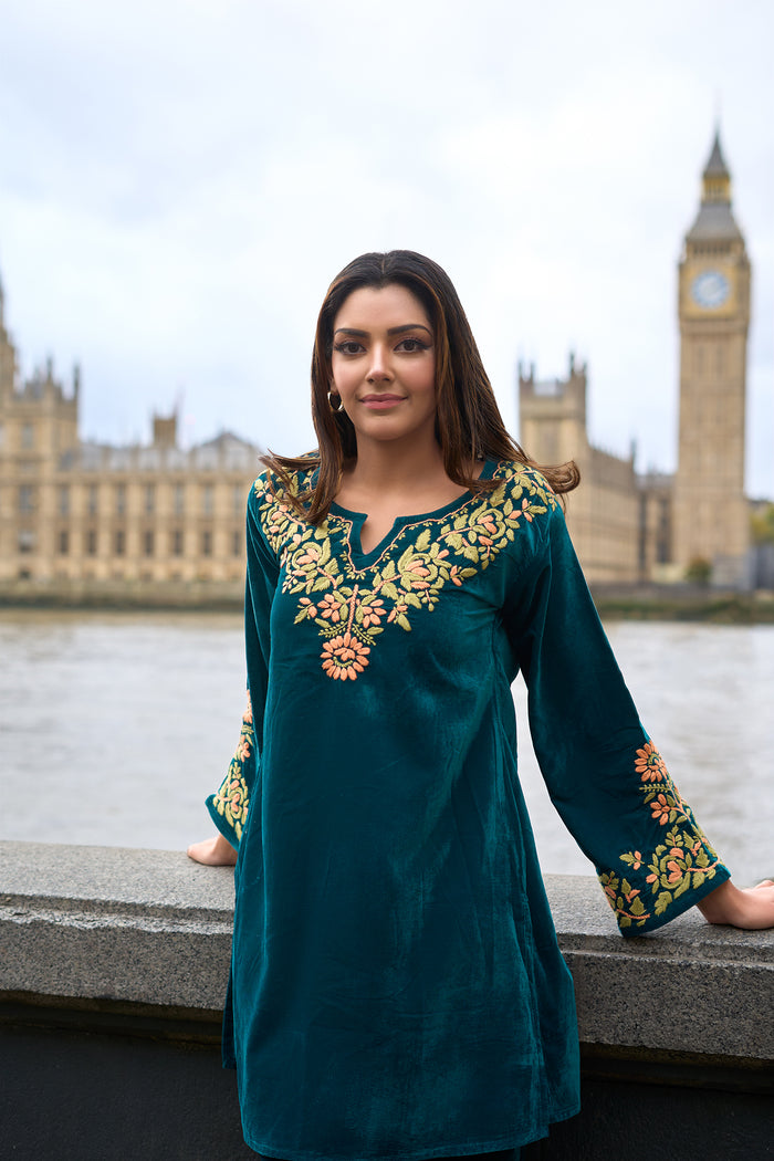 Velvet Chikankari Kurta Set – Tourquise Blue
