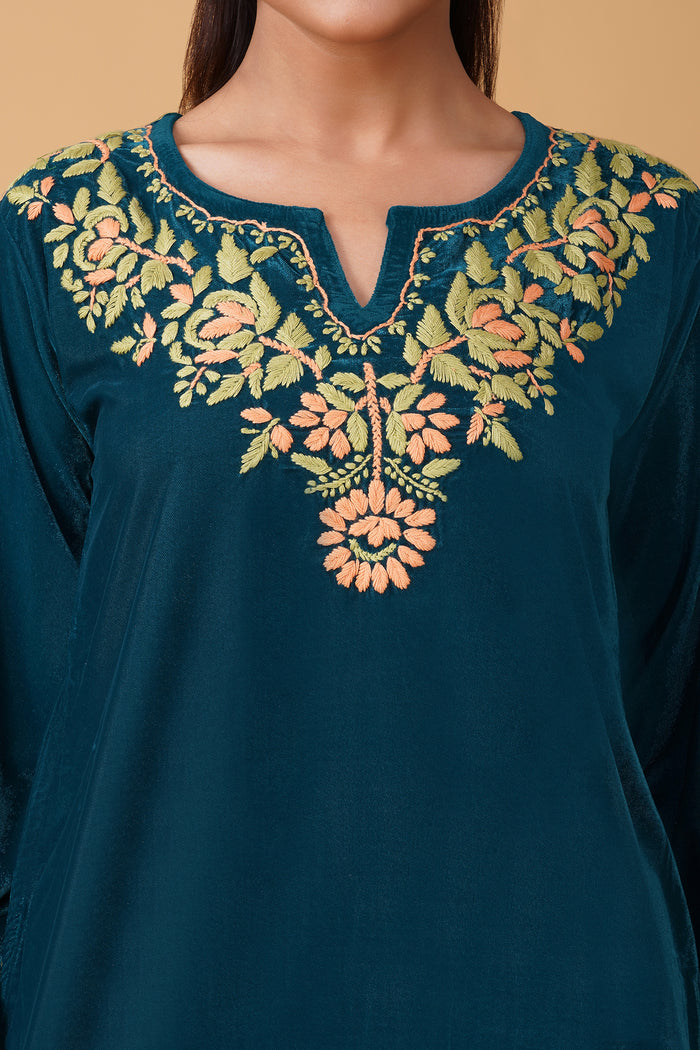 Velvet Chikankari Kurta Set – Tourquise Blue