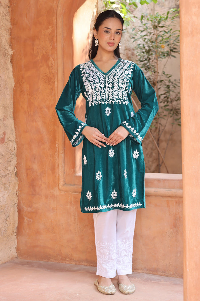 Velvet Chikankari Kurta – Tourquise Blue