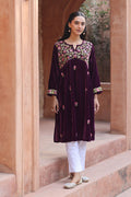 Velvet Chikankari Long Kurti – Purple