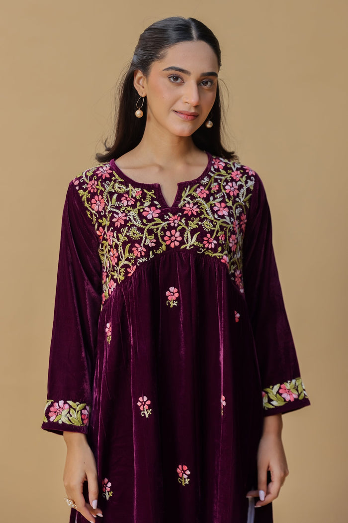 Velvet Chikankari Long Kurti – Purple