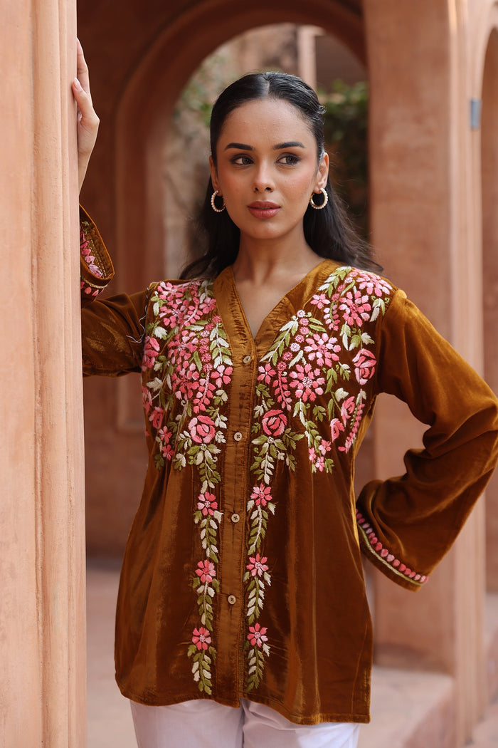 Velvet Chikankari Short Kurti – Brown