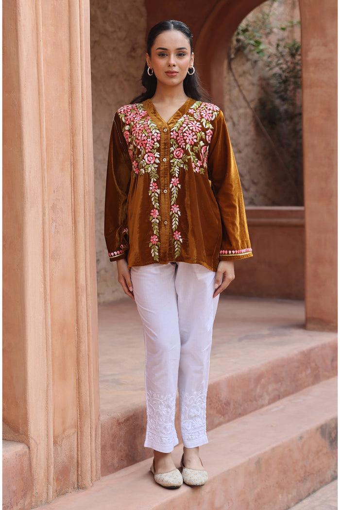 Velvet Chikankari Short Kurti – Brown