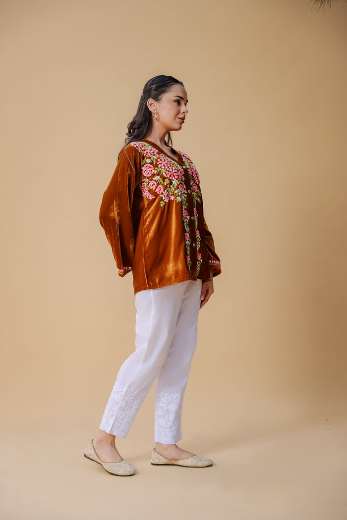 Velvet Chikankari Short Kurti – Brown