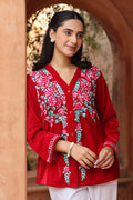 Velvet Chikankari Short Kurti – Red