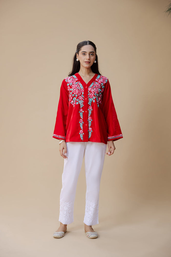 Velvet Chikankari Short Kurti – Red