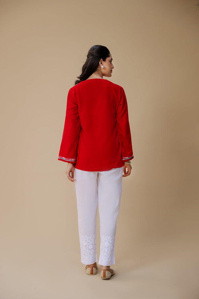 Velvet Chikankari Short Kurti – Red