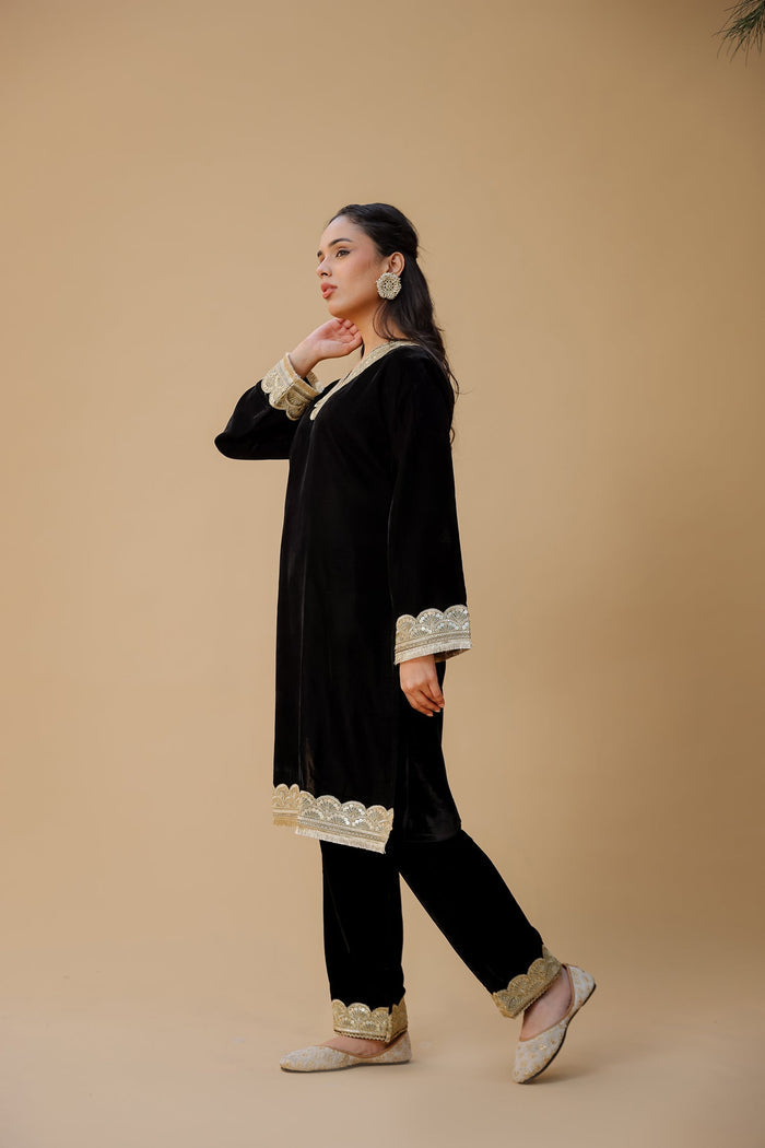 Velvet Kurta Set with Gold Zari Lace Work - Black