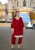 Velvet Kurta Set with Gold Zari Lace Work - Red