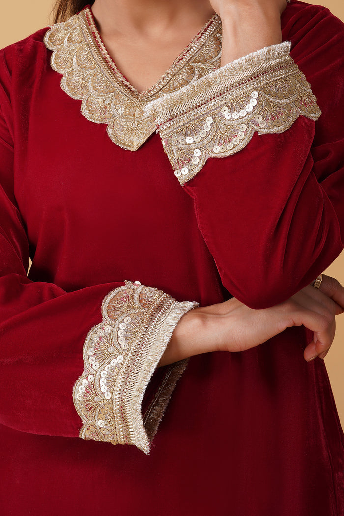 Velvet Kurta Set with Gold Zari Lace Work - Red