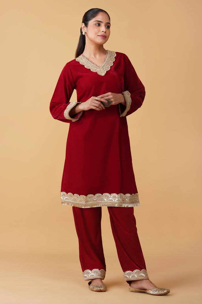 Velvet Kurta Set with Gold Zari Lace Work - Red