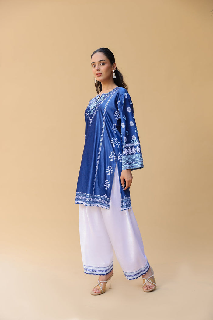 Velvet Printkari Coord Set with Farsi Bottoms – Blue & White