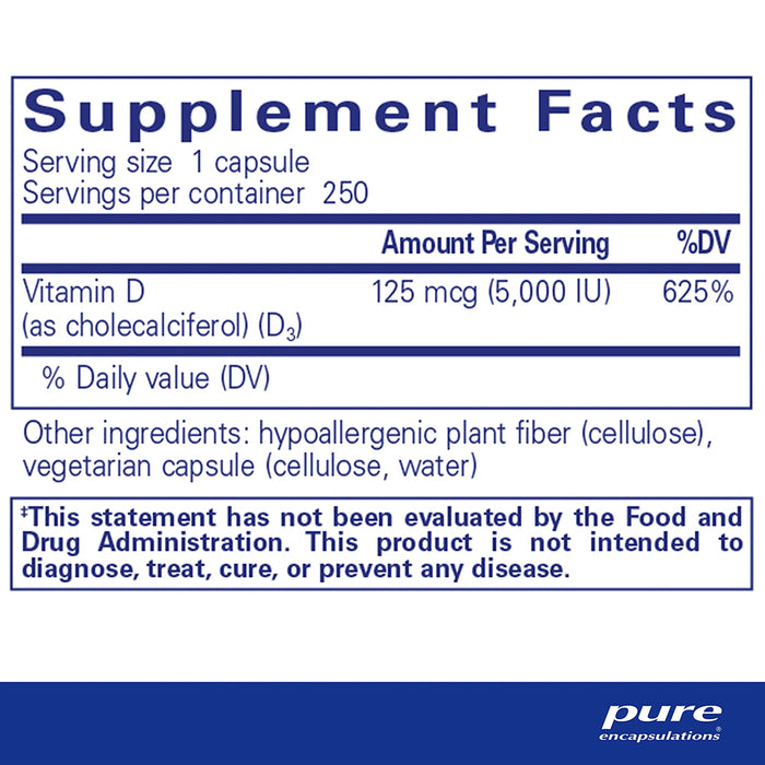 Supplement facts label for Pure Encapsulations Vitamin D supplement with serving size, servings per container, and ingredient list.