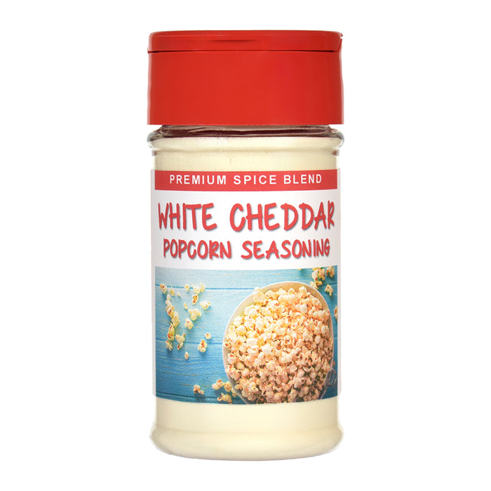 White Cheddar Popcorn Seasoning container with red lid on a white background