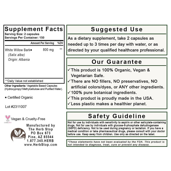 White Willow Bark Capsules Label - Back
