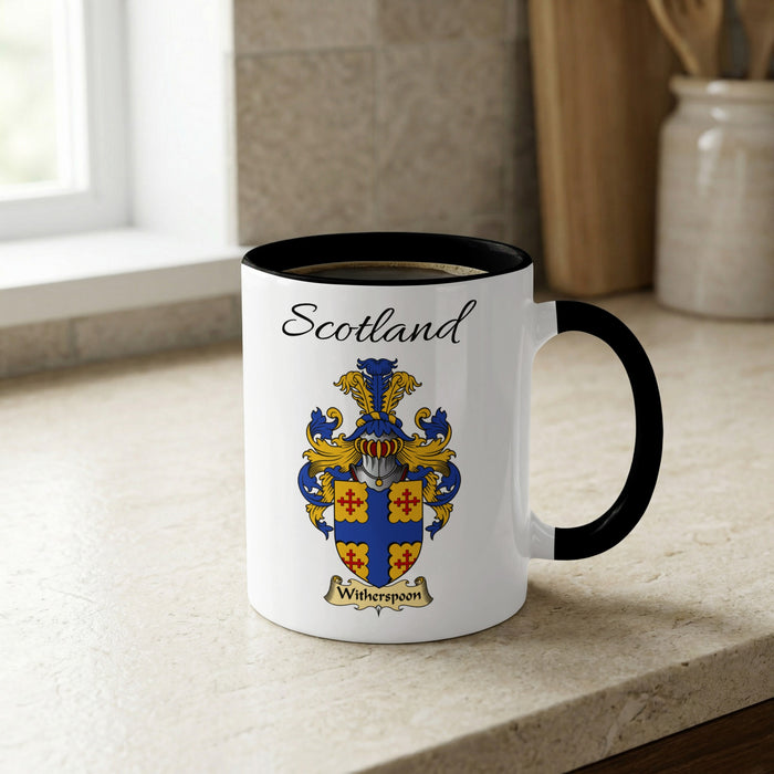 Witherspoon Scottish family crest accent mug with Scotland lettering and coat of arms artwork